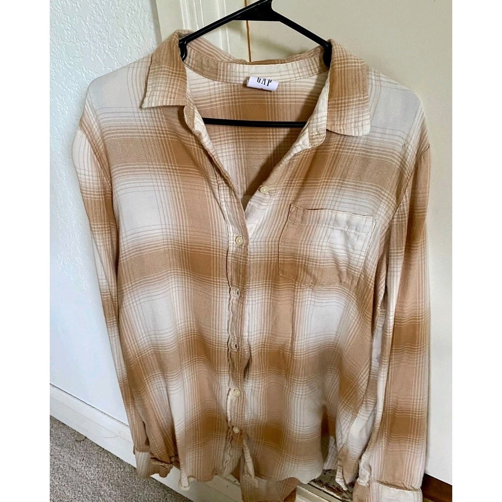 Gap Plaid Button Down Shirt Mens Womens Beige White Long Sleeve Casual Top - Picture 3 of 3
